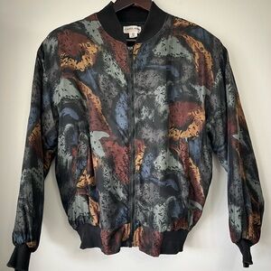 Vintage Silk Bomber Jacket Carol Horn Size Small 80s 90s Zip Up Abstract Retro